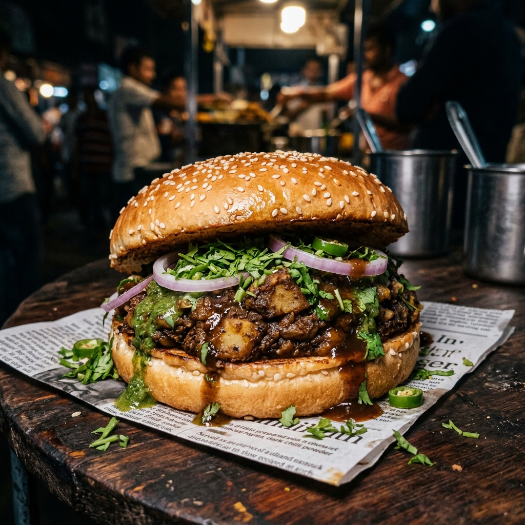 Close-up — authentic potato masala pithi burger